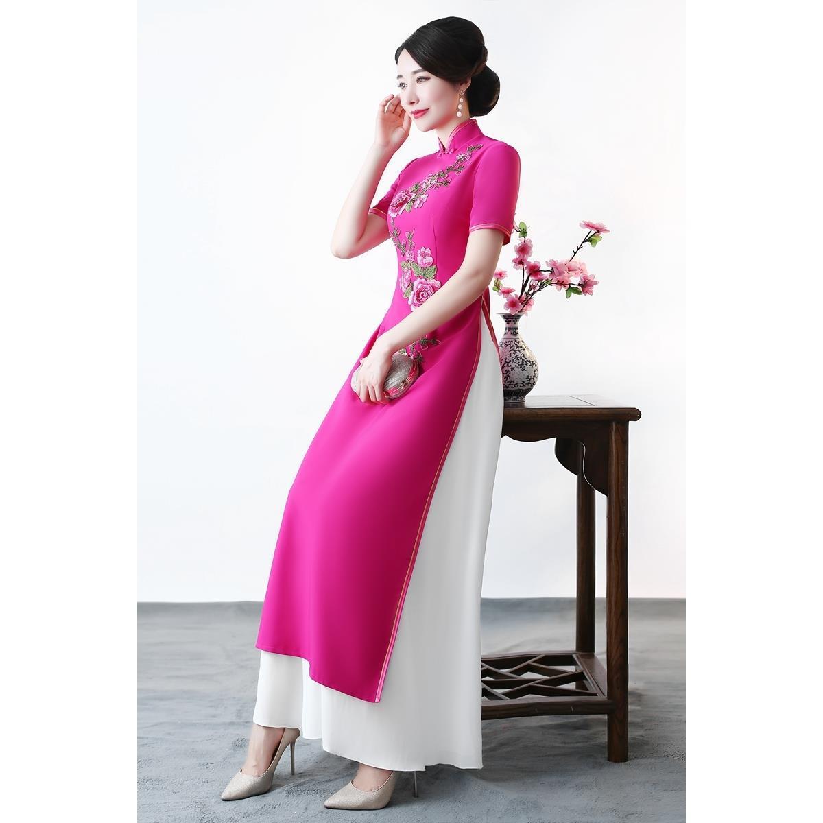 2020秋季新款正宗越南奥黛重工刺绣旗袍连衣裙中国风复古绣花长裙