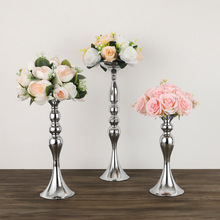 跨境餐桌中心布置 亮银色婚礼仿真花架假花花器 金属铁艺婚庆道具