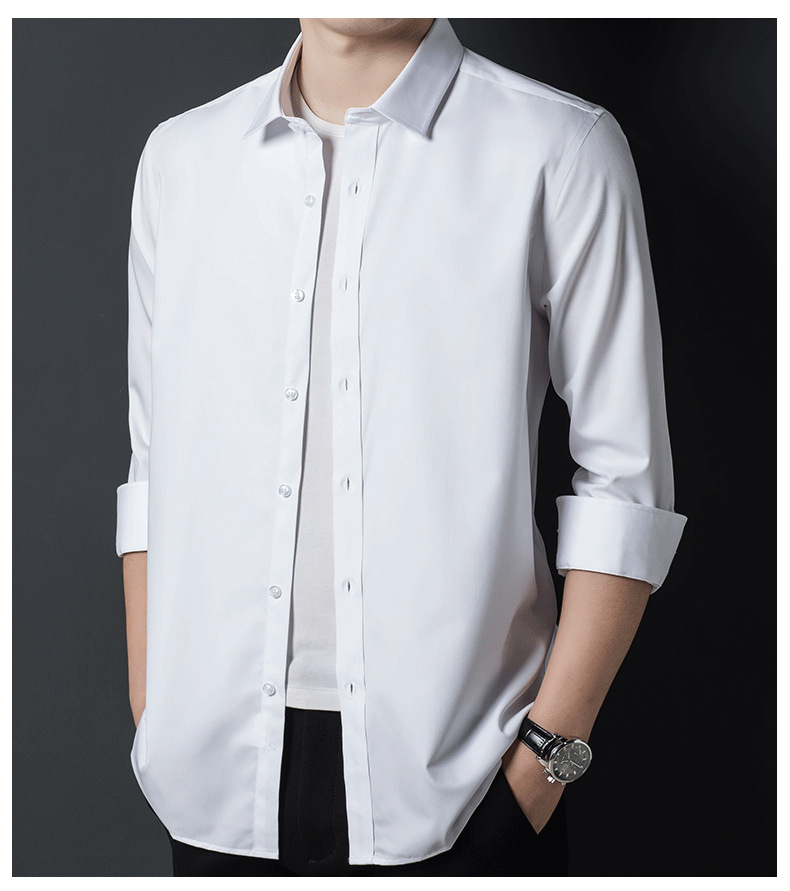 保罗牧马人冰丝白色衬衫男士长袖商务休闲装夏季潮流免烫职业衬衣