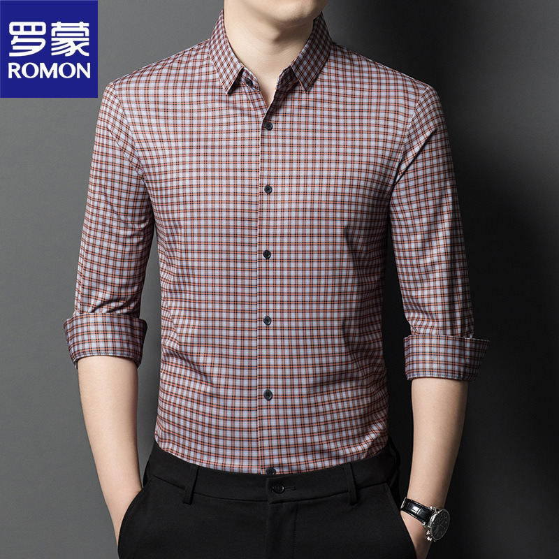 罗蒙春秋装男士长袖衬衫时尚休闲格子薄款宽松衬衣男