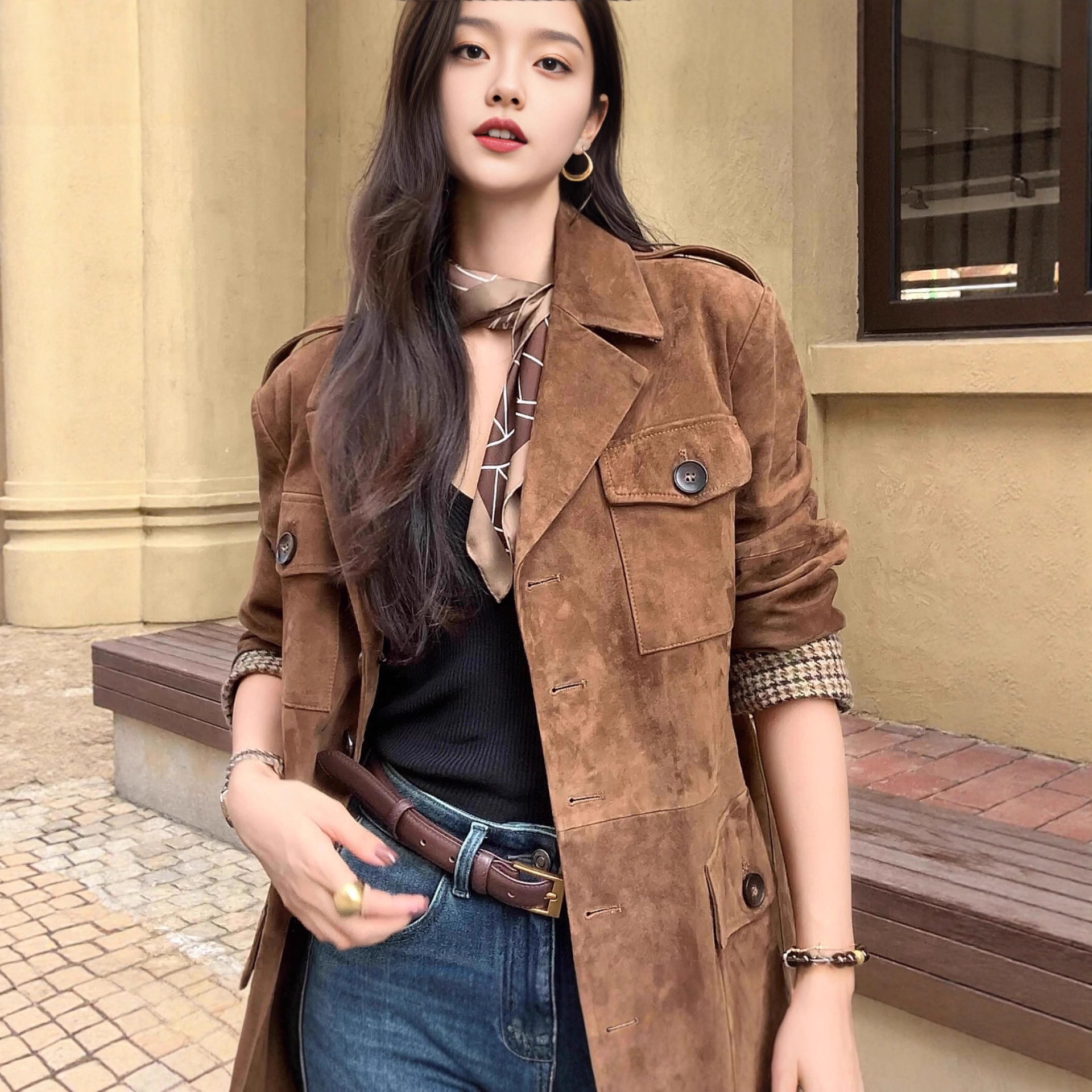 老钱风棕色外套女2025秋冬新款时尚复古气质宽松麂皮工装夹克上衣