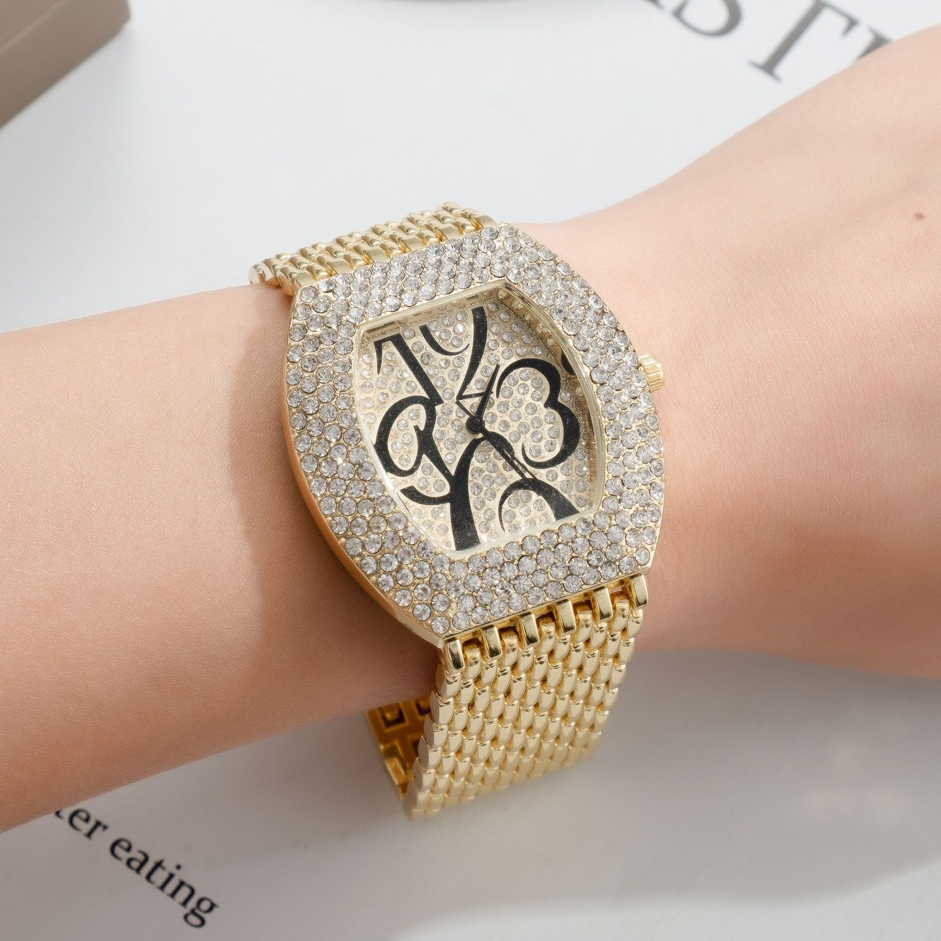 跨境&直播满天星酒桶石英手表时尚钢带罗马镶钻手表满钻石英腕表