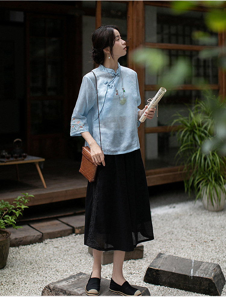 s22cs43夏季民国风女装上衣苎麻棉盘扣斜襟刺绣七分袖中式茶服
