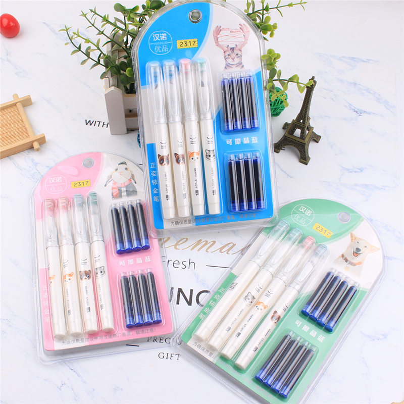 新款汉诺钢笔创意4支装钢笔墨囊组合学生礼物书法练字笔批发钢笔