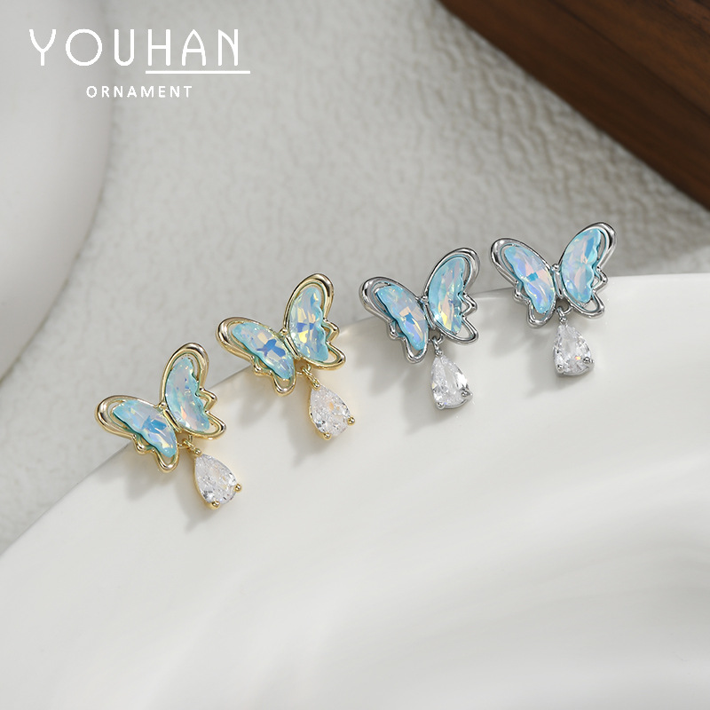 2024 New Personalized Stud Earrings for Women Sterling Silver Needle High-Grade Butterfly Ear Rings Exquisite Water Drop Pendant Earrings