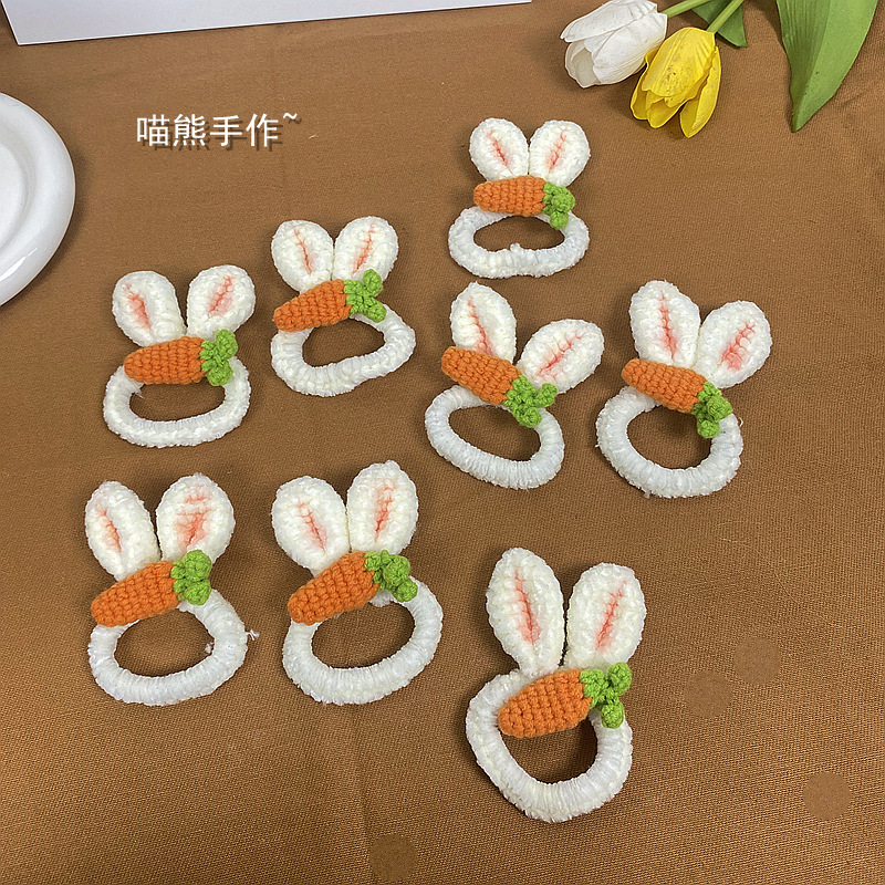 创意手工编织卡通发圈 毛线钩织小头饰 兔耳朵萝卜编织皮筋成品