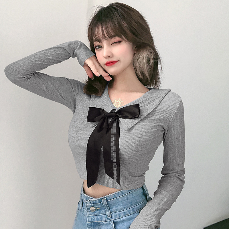 om潮人馆翻领系带减龄百搭蝴蝶结长袖短款露腰t恤修身显瘦上衣女