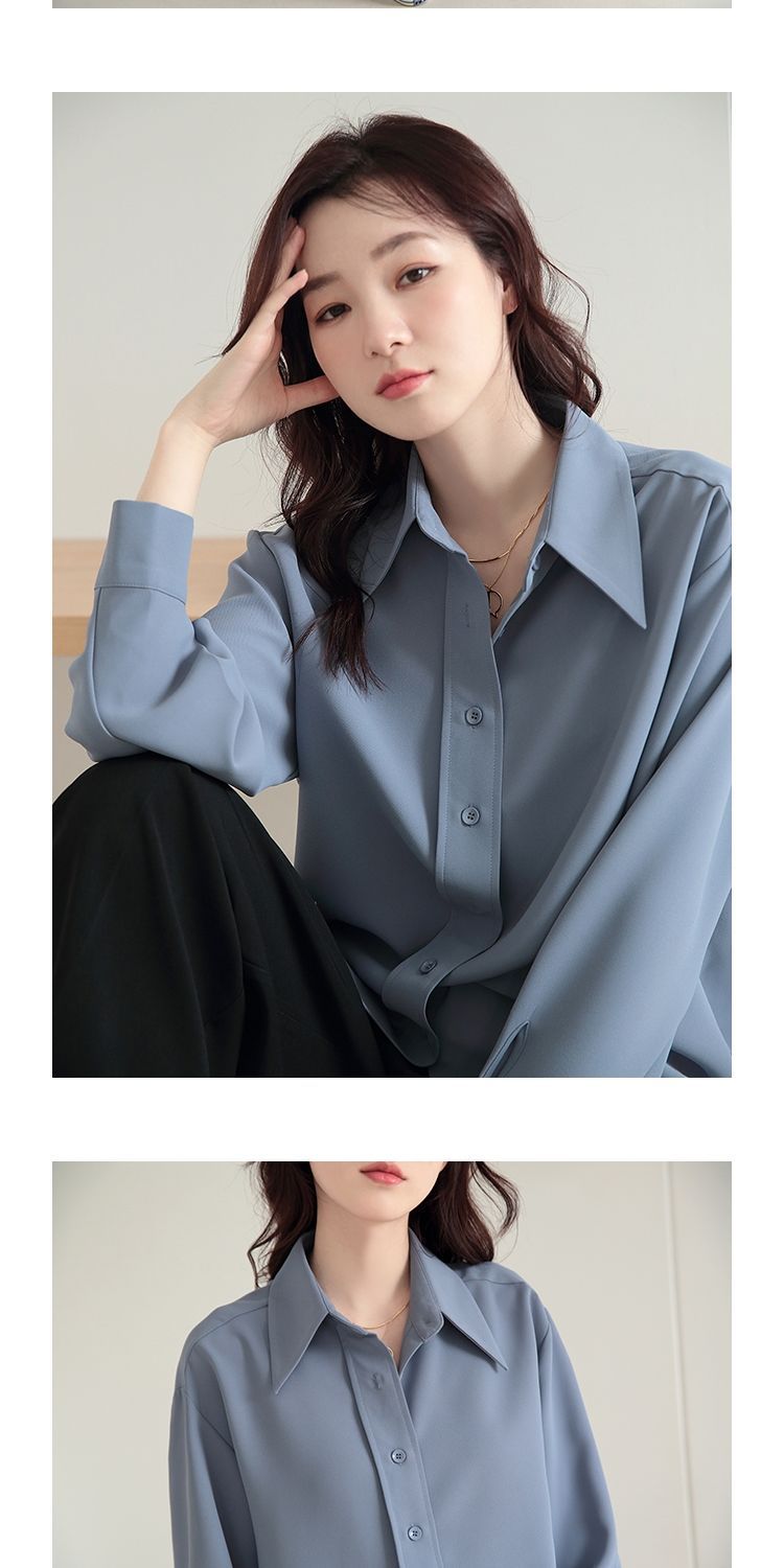 盐系雾霾蓝衬衫女宽松设计感小众免烫垂感长袖港风复古衬衣外套秋