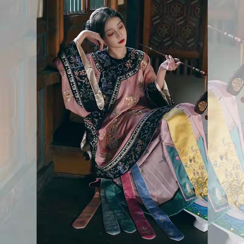 汉宫春牡丹亭花卉百蝶清汉女装重工女袍马裙凤尾裙上衣袖京派国庆