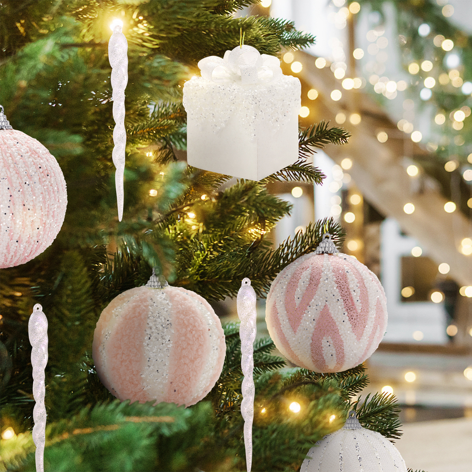 Cross-Border Christmas Decorations Ins Pink Boutique Foam Christmas Ball Tree-Top Star Set Christmas Tree Pendant