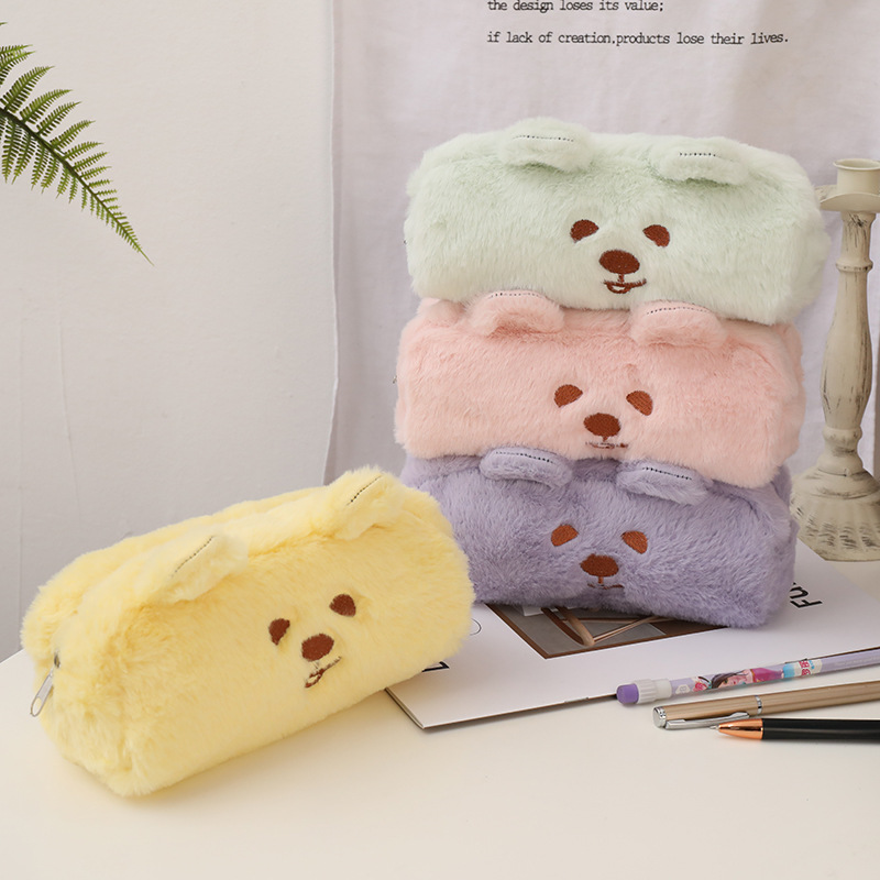 笔袋ins日系高颜值女学生毛绒绒小熊大容量笔袋收纳文具盒