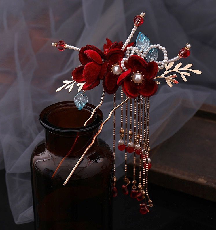 h6yu红色秀禾头饰新娘结婚套装绒花秀禾服影楼跟妆步摇配儿童