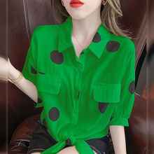 波点衬衫女韩版小清新夏季2024年新款宽松泡泡袖上衣洋气系带衬衣