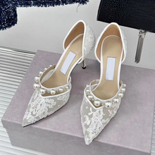 JC白色蕾丝鞋2024春季新款法式性感优雅女士高跟鞋伴娘婚鞋仙女鞋