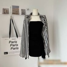 防晒条纹衬衫+黑色连衣裙女2024年夏季新款韩版设计感时尚套装潮