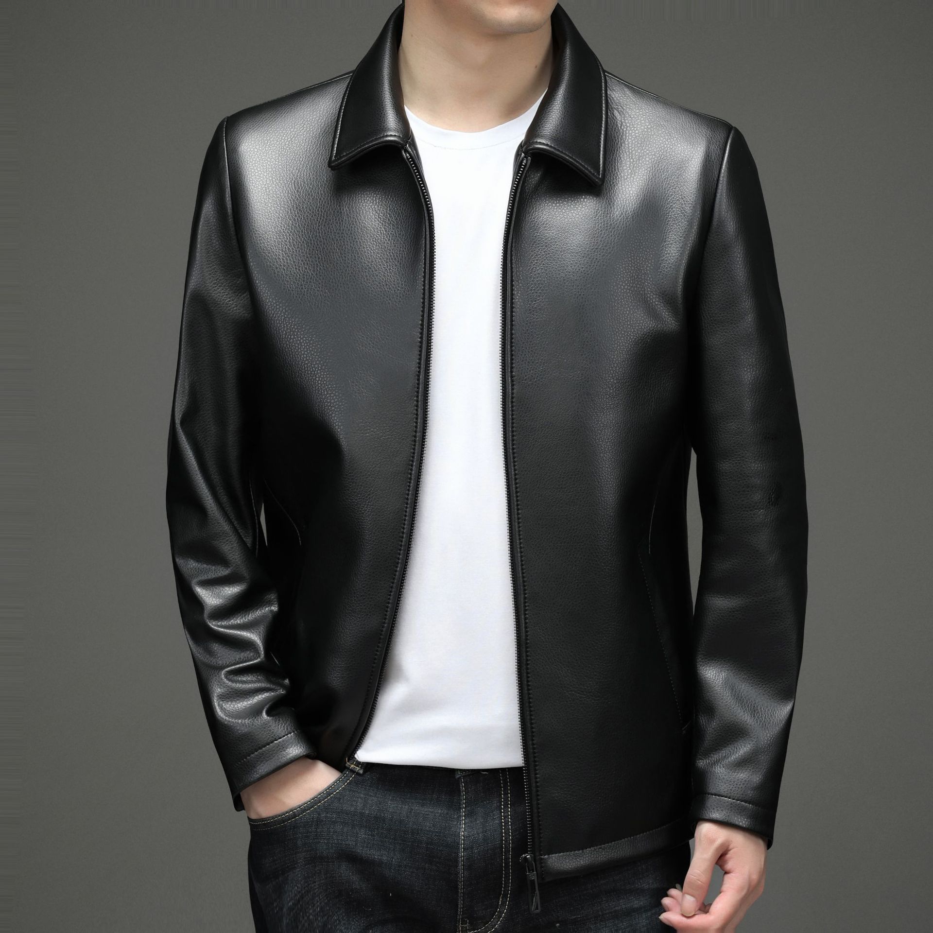 0成交1件恒源祥皮衣男士海宁短款绵羊皮翻领机车真皮夹克中年茄克外套