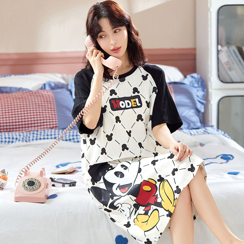 2023 New Pajamas Women's Summer Nightdress Summer Korean Style Short Sleeve Dress Cotton Cute Girl Long Home Wear