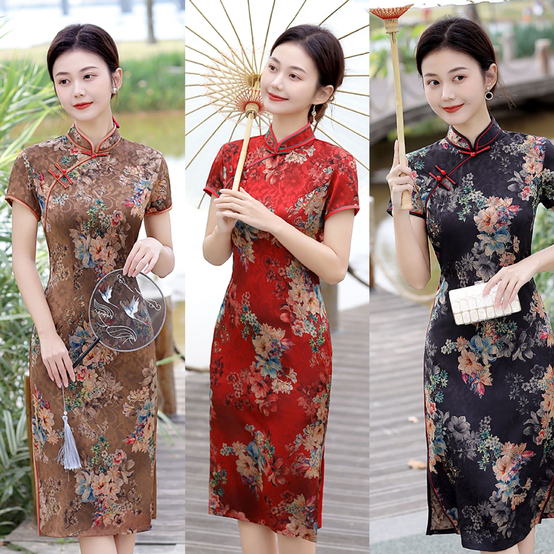 2022 Cheongsam Daily Style Dress Silk Sexy Fashion over the Knee Bride Retro Printed plus Size Mother