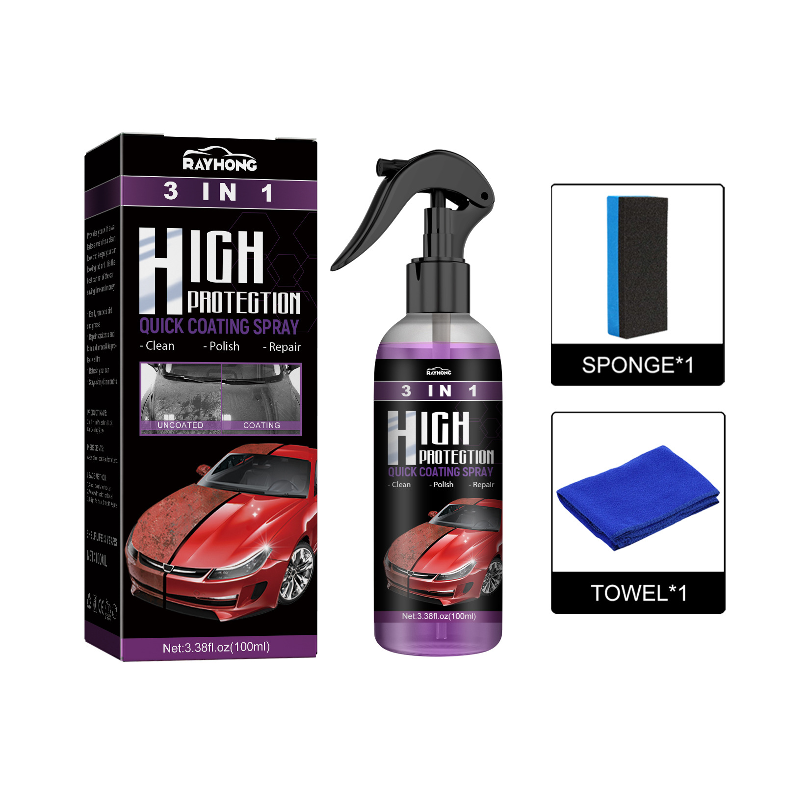 Rayhong 3 in 1 High Protection Fast Car Paint Spray Automatic Hand Paint Color Changing Cleaning Coating Spray