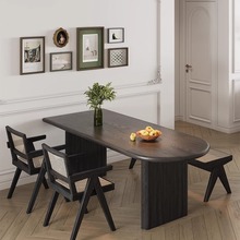 黑色实木半椭圆餐桌岛台一体靠墙1.6米小户型原木复古法式吃饭桌