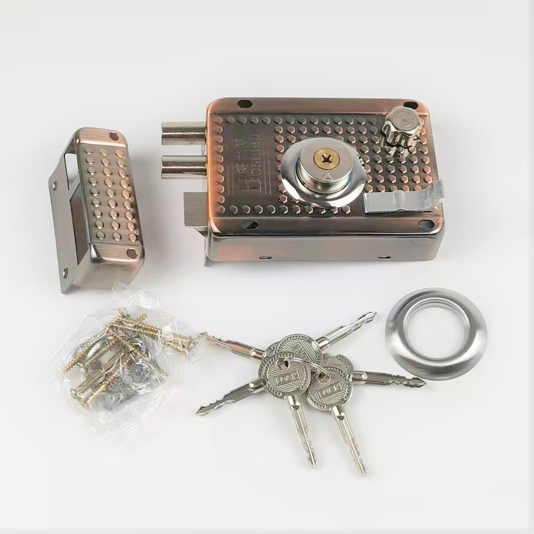 古铜色外装门锁 锌头锌舌左开十字匙防盗门锁 老式公寓不锈钢门锁