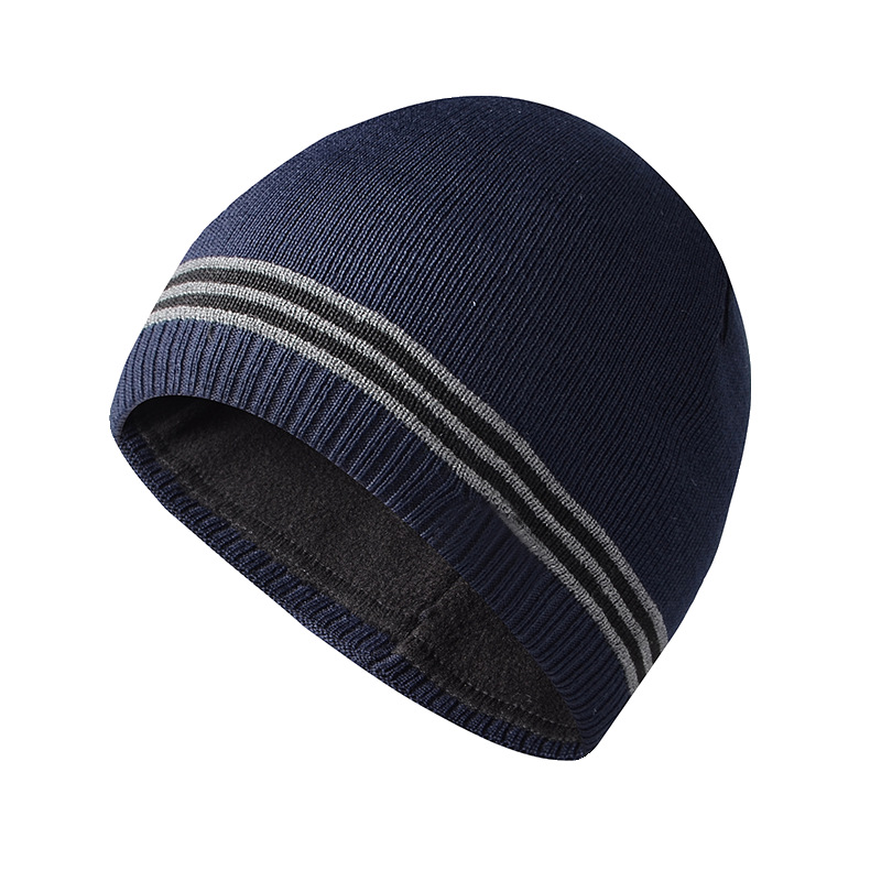 Autumn and Winter Fleece-lined Warm Hat Men's Striped Knitted Hat Outdoor Leisure Pullover Beanie Hat Simple Earflaps Woolen Hat