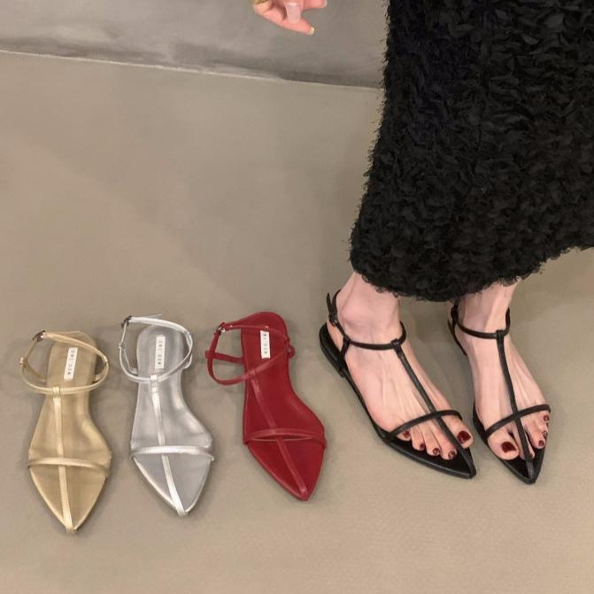 平底法式细带黑色凉鞋仙女鞋子2025新款夏季海边沙滩配裙子罗马鞋