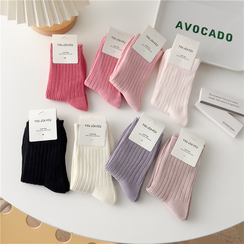 Women's Socks Autumn and Winter New Sweet Pink Bold Stripe Socks Solidcolor Mid-Calf Length Bunching Socks Cotton Women's Socks