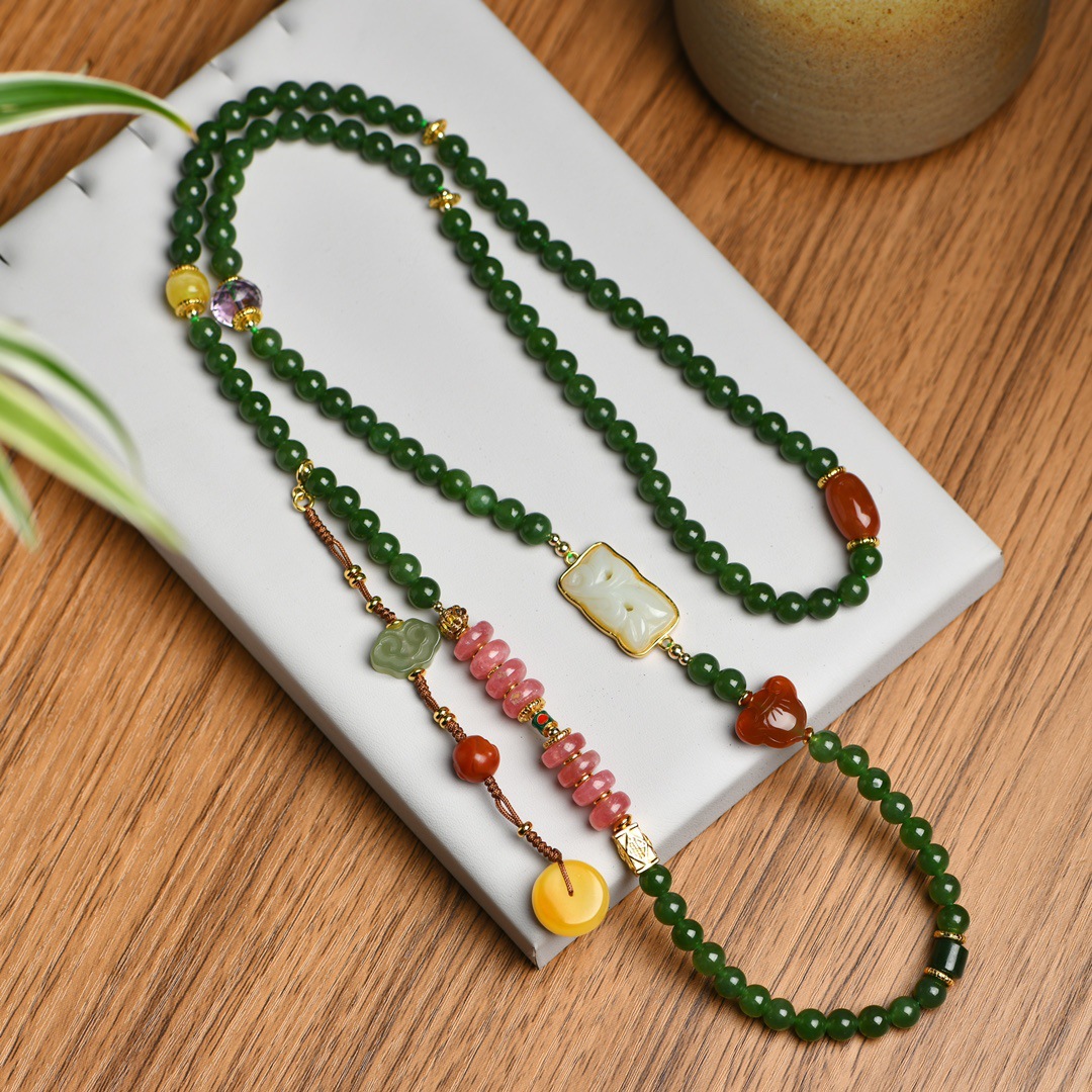Natural Spinach Green Jasper Necklace Female Hetian Jade Beads Sterling Silver Accessories South Red Grain Stone Multi-Treasure Sweater Chain Wholesale