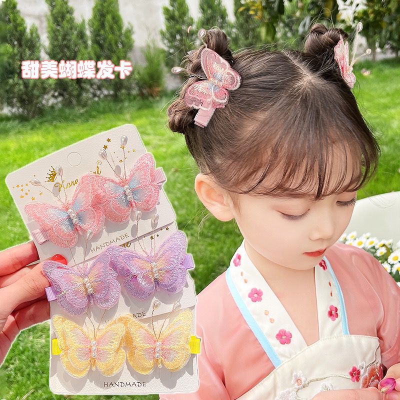 Korean Style Fresh Girls Hairpin Double-Layer Embroidery Bow Duckbill Clip Baby Hair Clip Girl Antique a Pair of Hairclips