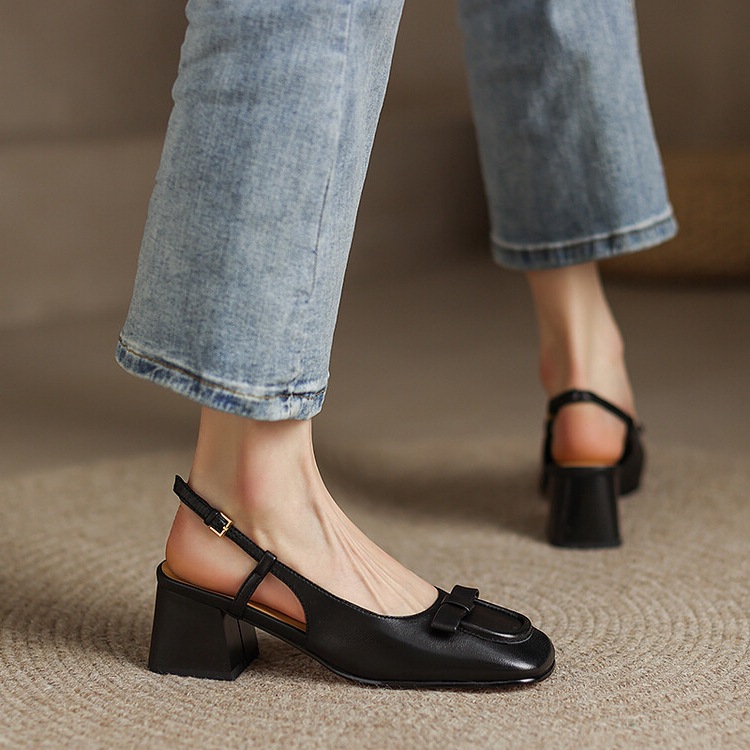 2024夏季新款羊皮凉鞋女 包头时尚玫红色蝴蝶结欧美粗跟高跟女鞋