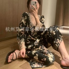 韩版冰丝花朵睡衣女春夏纯欲风v领丝质垂感可外穿家居服套装