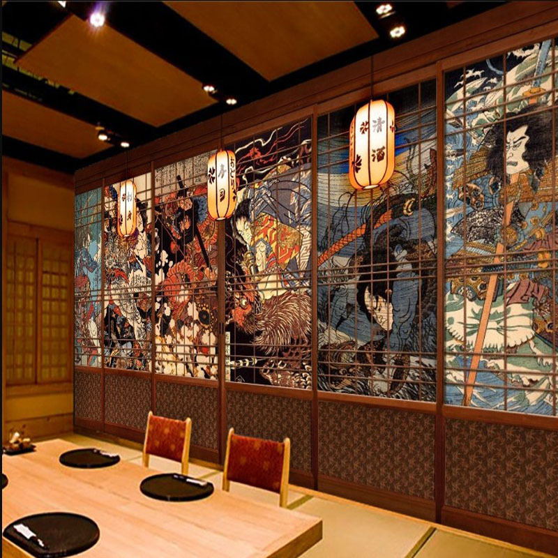 日式浮世绘日本武士墙纸刺青纹身店剧本杀装饰寿司日料店壁纸墙布