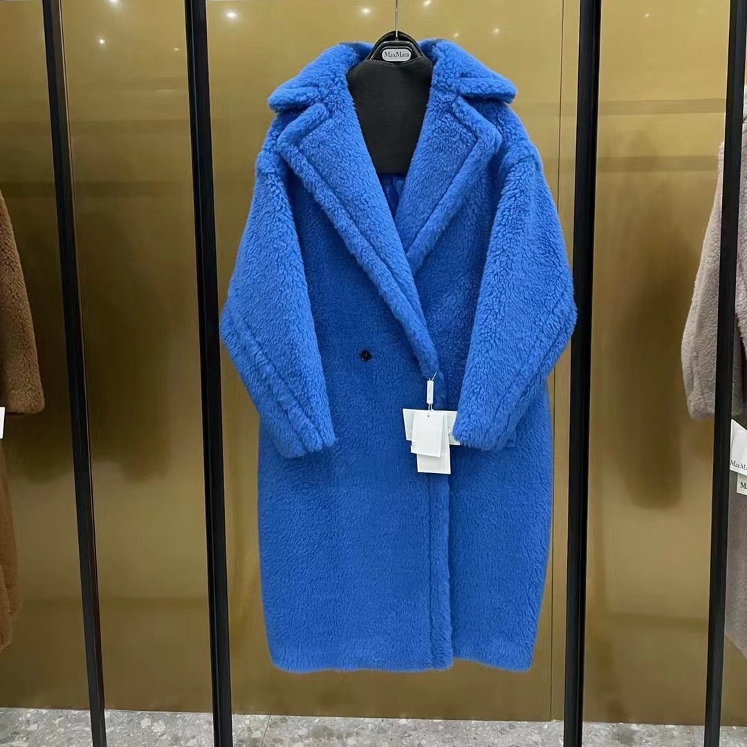 2023秋冬新款m家经典颗粒加厚蓝色宽松泰迪熊羊毛大衣长款外套女