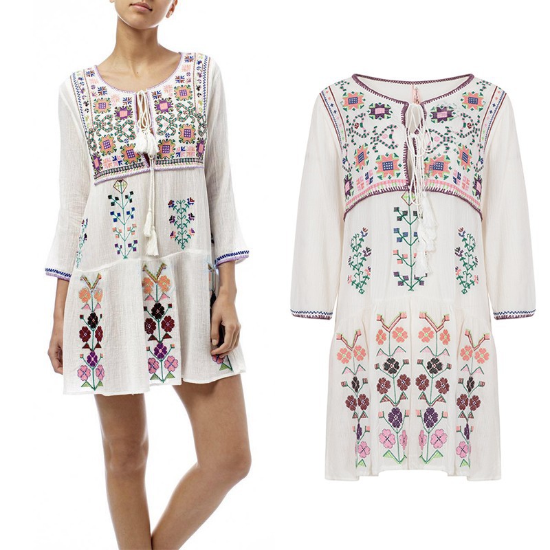 2色实拍 波西米亚民族风花卉刺绣气质连衣裙-阿里巴巴
