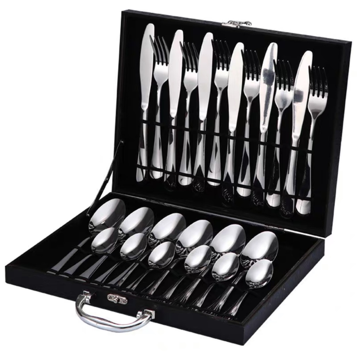 Foreign Trade Cross-Border Knife, Fork and Spoon Tea Spoon 410 Stainless Steel Tableware 24-Piece Set Black Wooden Box Exclusive for Export Supply