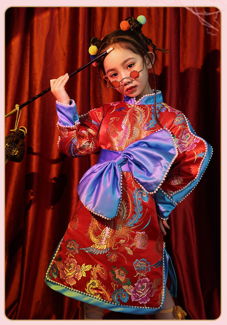 儿童中国风礼服旗袍汉服模特t台走秀国潮拜年服装女童演出服春装