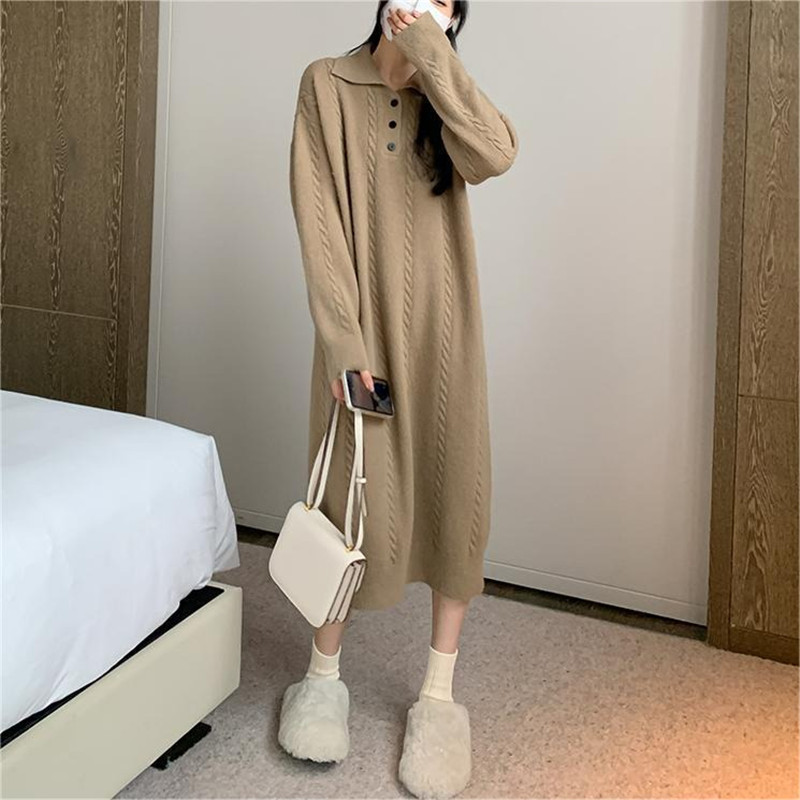 Long Idle Style Lapel Knitted Dress 2024 Spring and Autumn New Design Sense Solid Color Cable-Knit Sweater Base Skirt