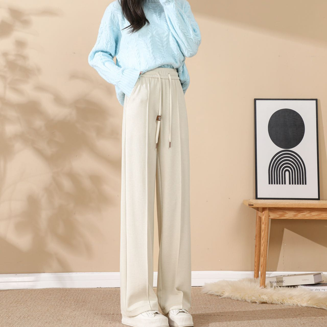 2023 Autumn and Winter New Thickened Casual Pants Women's High Waist Slimming Loose Drooping Solid Color Outer Wear Trousers Wide Leg Pants