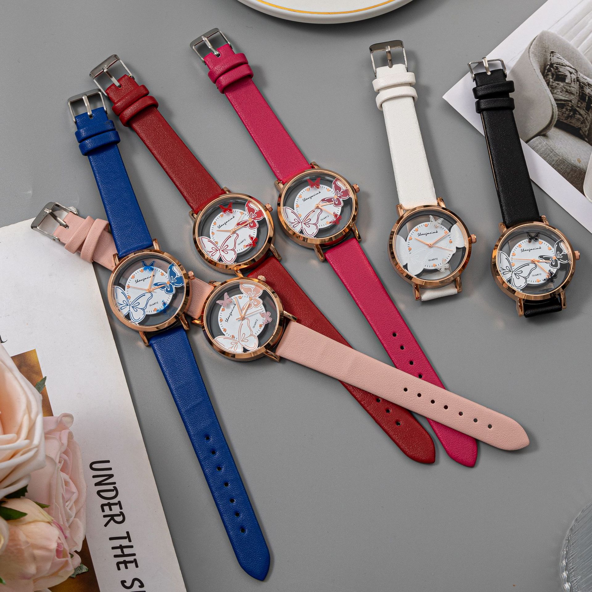 New Foreign Trade Cross-Border Women's Quartz Watch Strap Watch Hollow Butterfly Factory Direct Sales Women's Watch Light Luxury