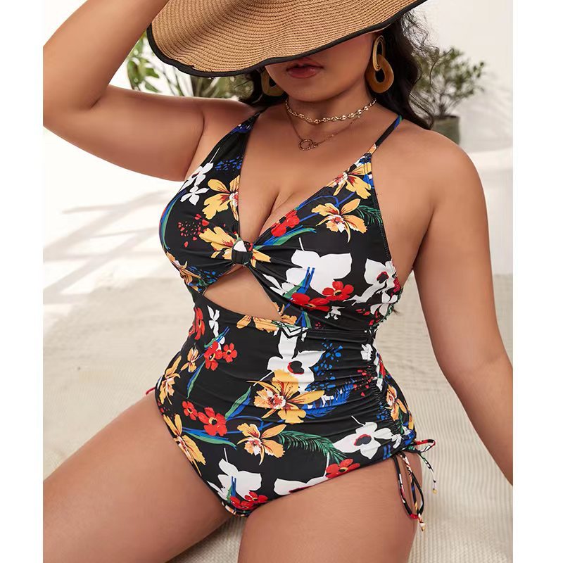 2022 New European and American Amazon One-Piece Fat Woman Large Size Bikini Printed Push up Hollow-out Tight Swimsuit for Women