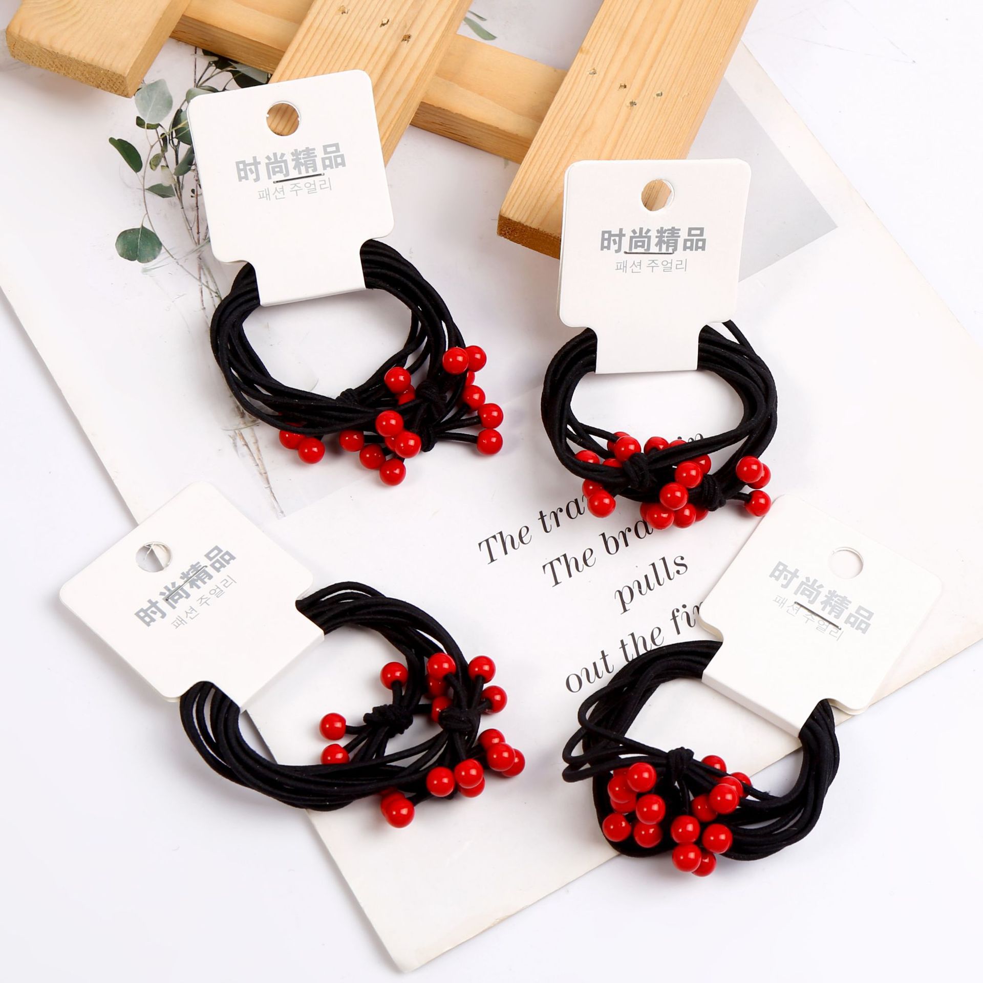 korean style 3 small red beads head rope binding card plastic three-in-one hair band rubber band hair rope hair accessories headdress wholesale