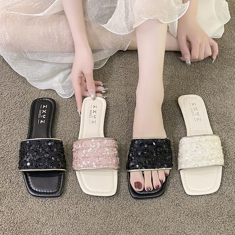 法式亮片仙女鞋子一字拖平跟凉拖外出黑色2024夏季拖鞋百搭平底拖