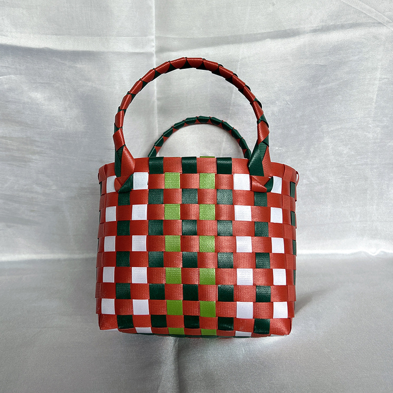 Internet Celebrity Basket Hand-Woven Plastic Vegetable Basket Bag Color Plaid Full Moon Gift Small Basket Beach Bag