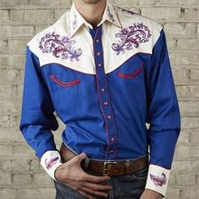 2023跨境新款男士时尚绣花衬衫美国西部风格花纹刺绣宽松长袖衬衫