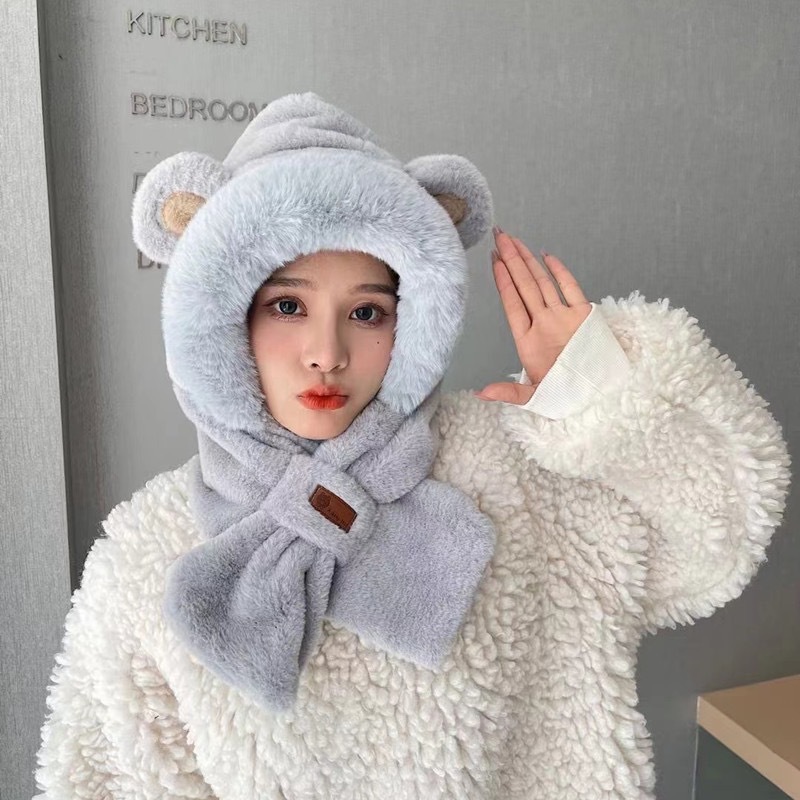 Hat Scarf Gloves Women's Autumn and Winter Rabbit Ears Bear Three-Piece Cute Plush Scarf Ushanka