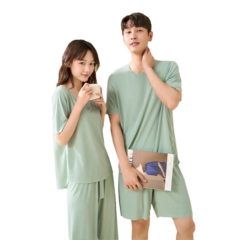 Cool Feeling Ice Silk Pajamas Couple Spring and Summer Thin Short Sleeve plus Size Casual Seamless Solid Color Homewear Suit Wholesale