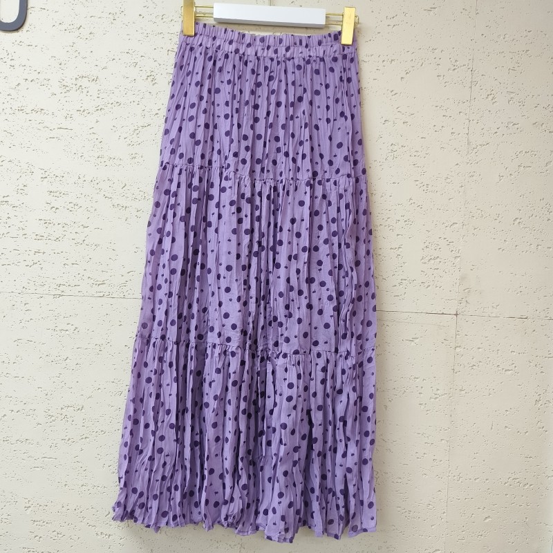 复古紫粉波点半身裙2024夏新款松紧高腰多层拼接垂感褶皱a字裙子