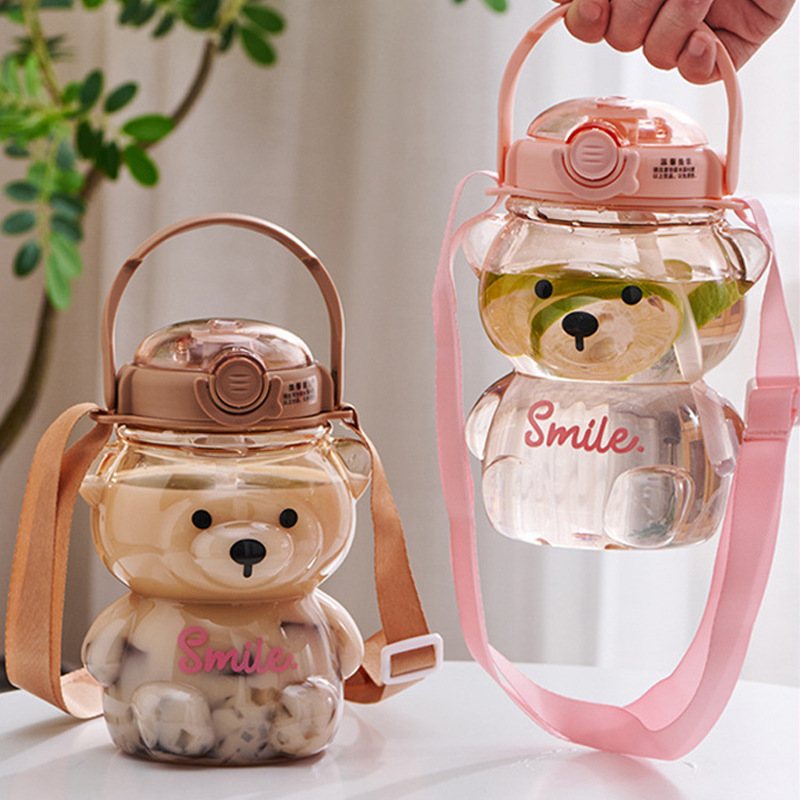 ins children‘s water cup bear big belly cup student high-looking crossbody kettle large capacity plastic water cup with straw