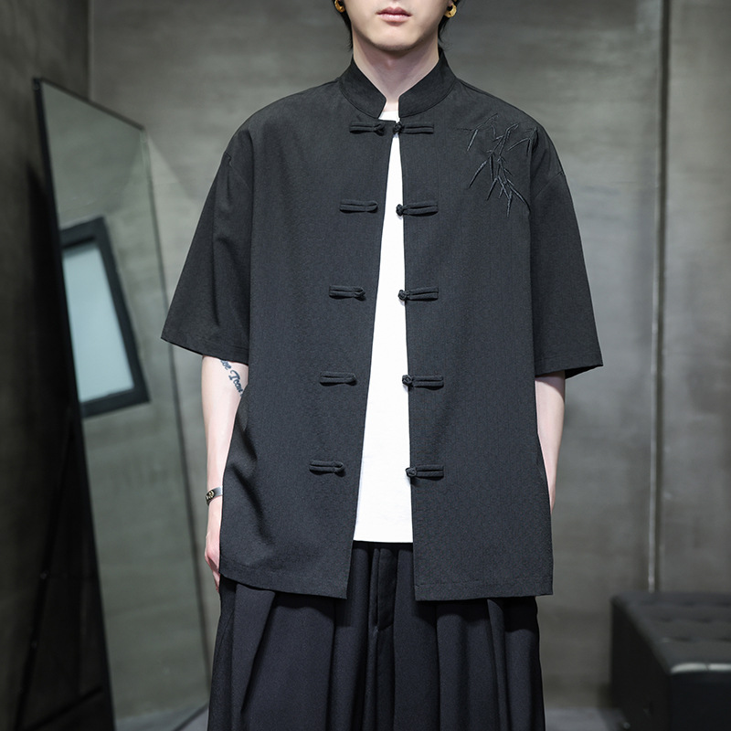 中国风刺绣棉麻衬衫男短袖夏季新款新中式复古唐装亚麻居士服男装